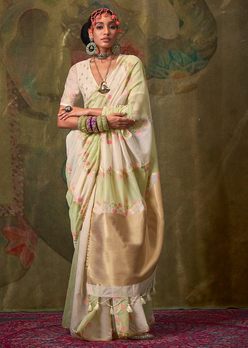 White & Green Rangkaat Handloom Woven Cotton Silk Saree