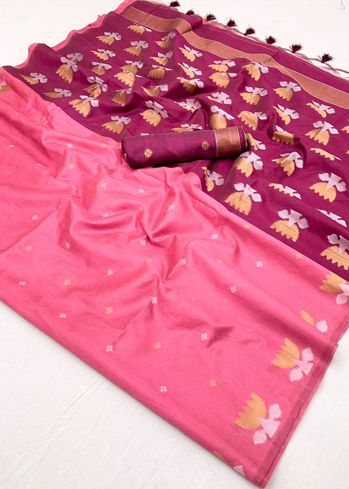 Dual Shade Purple Handloom Tussar Silk Saree with Lotus Motif Pallu