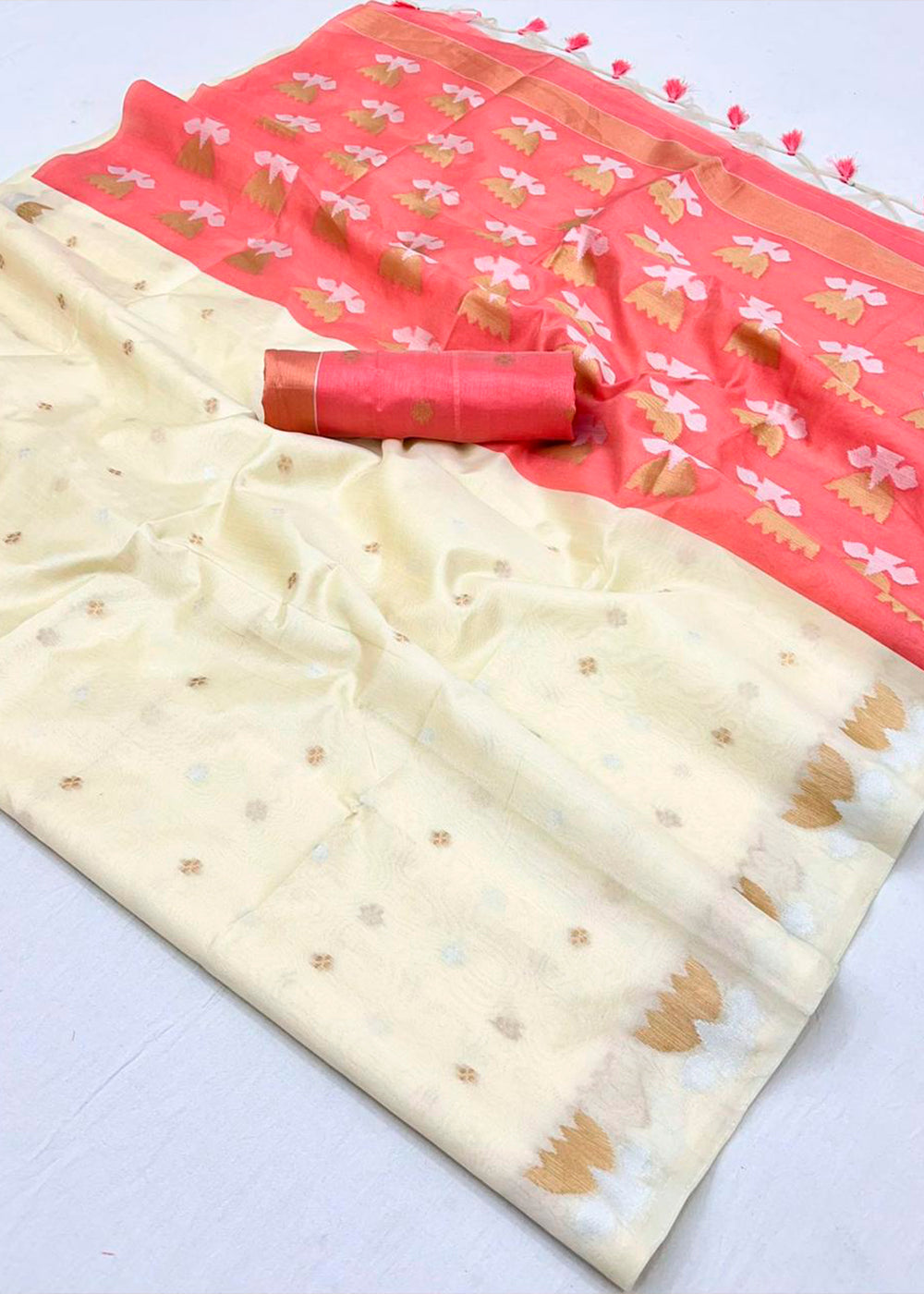 Rice White Handloom Tussar Silk Saree with Lotus Motif Pallu