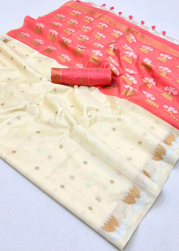 Rice White Handloom Tussar Silk Saree with Lotus Motif Pallu