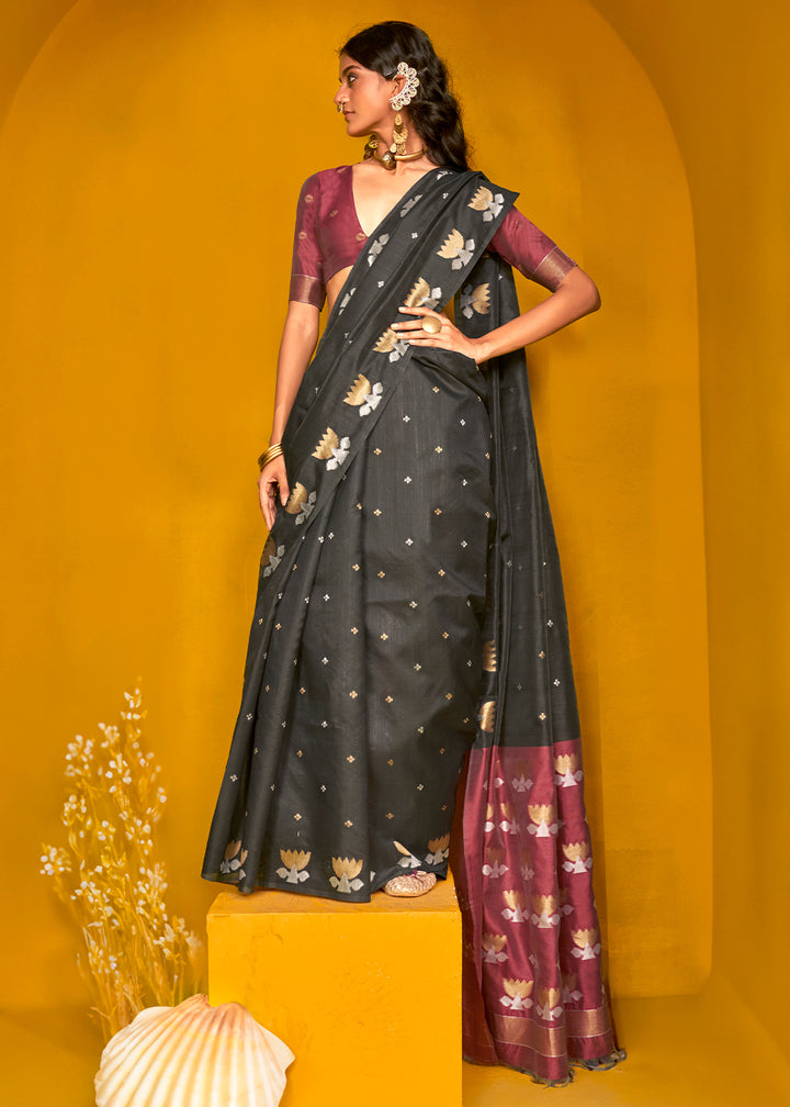 Pebble Black Handloom Tussar Silk Saree with Lotus Motif Pallu