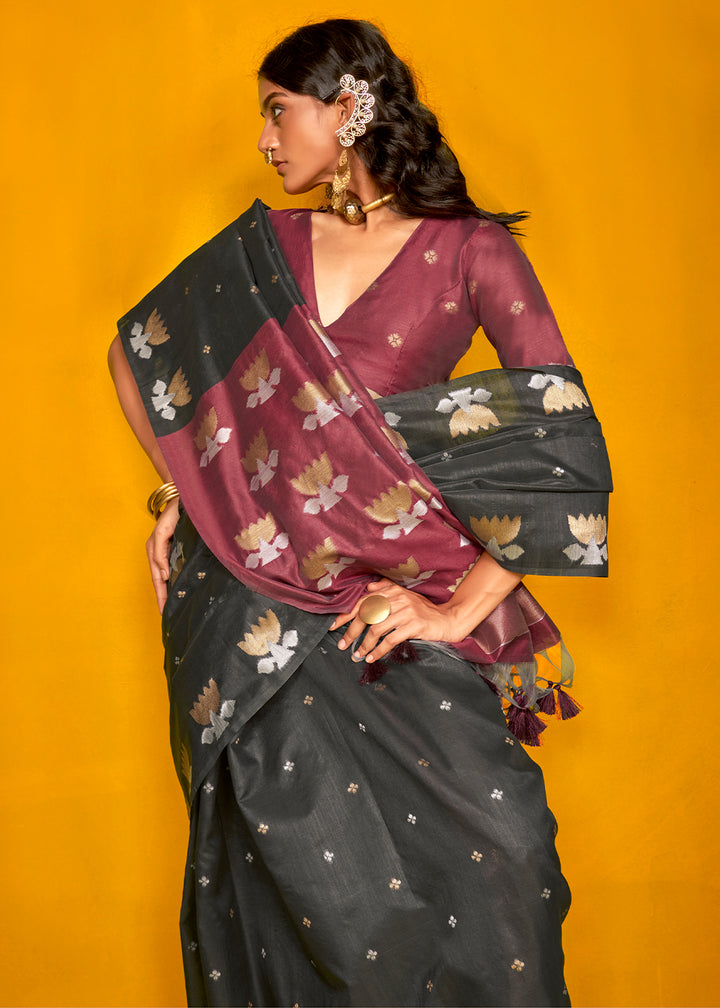 Pebble Black Handloom Tussar Silk Saree with Lotus Motif Pallu