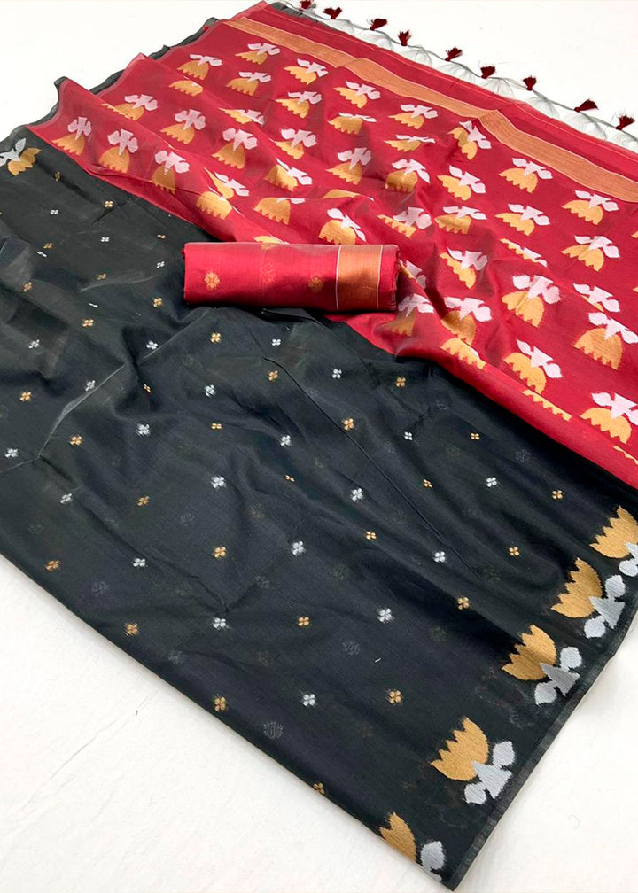 Pebble Black Handloom Tussar Silk Saree with Lotus Motif Pallu