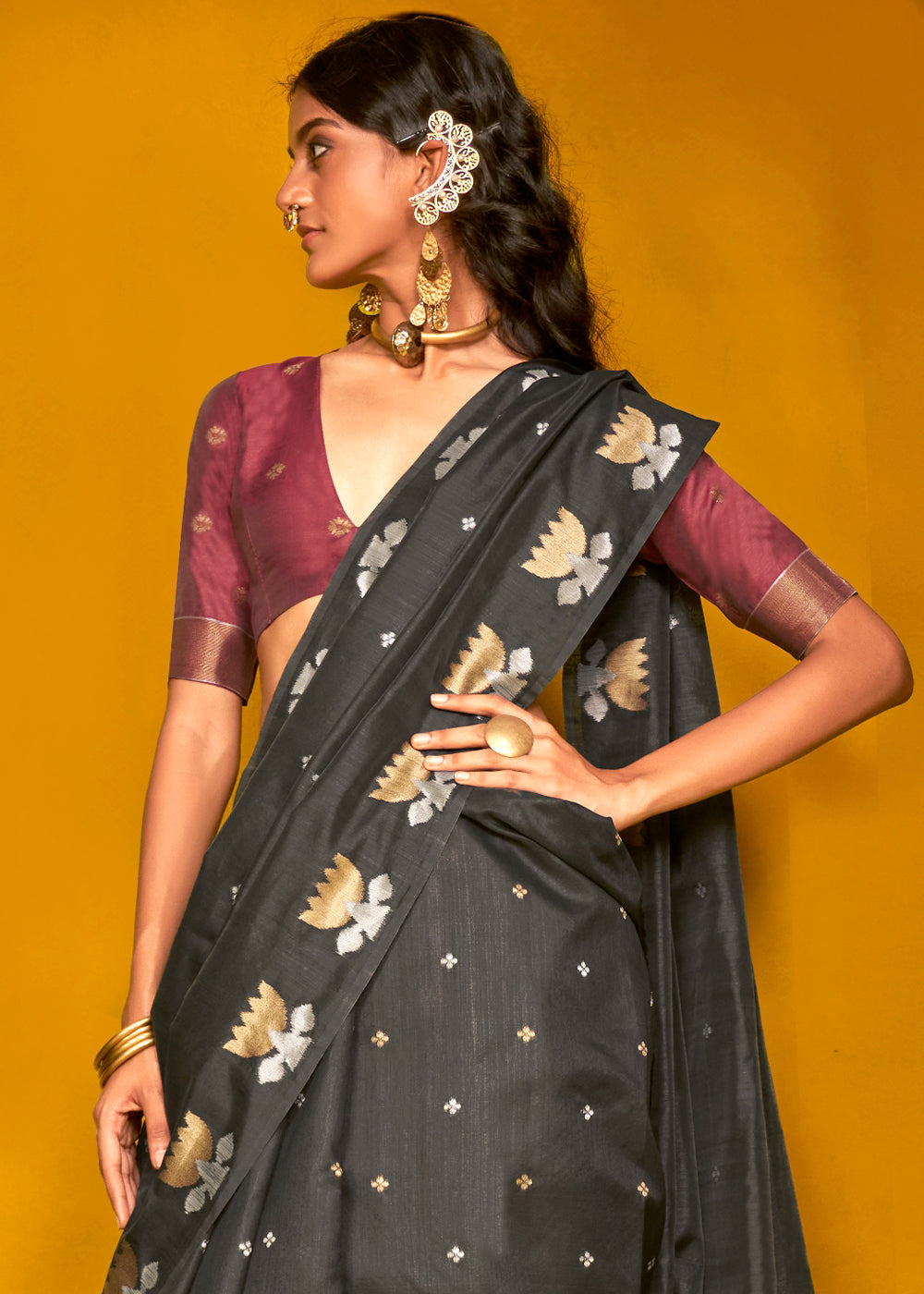 Pebble Black Handloom Tussar Silk Saree with Lotus Motif Pallu