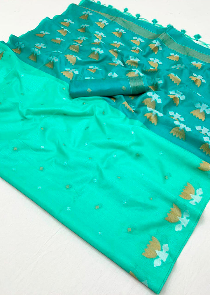 Dual Shade Blue Handloom Tussar Silk Saree with Lotus Motif Pallu