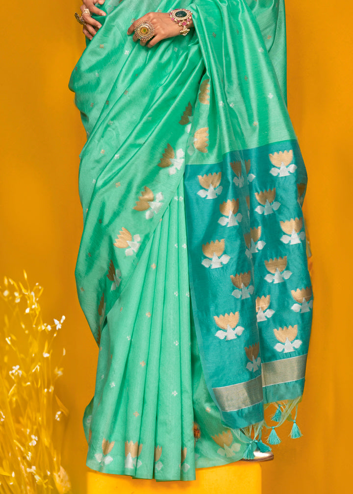 Dual Shade Blue Handloom Tussar Silk Saree with Lotus Motif Pallu