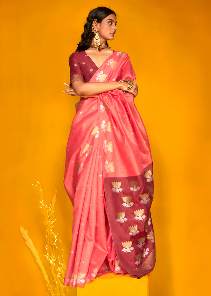 Dual Shade Pink Handloom Tussar Silk Saree with Lotus Motif Pallu