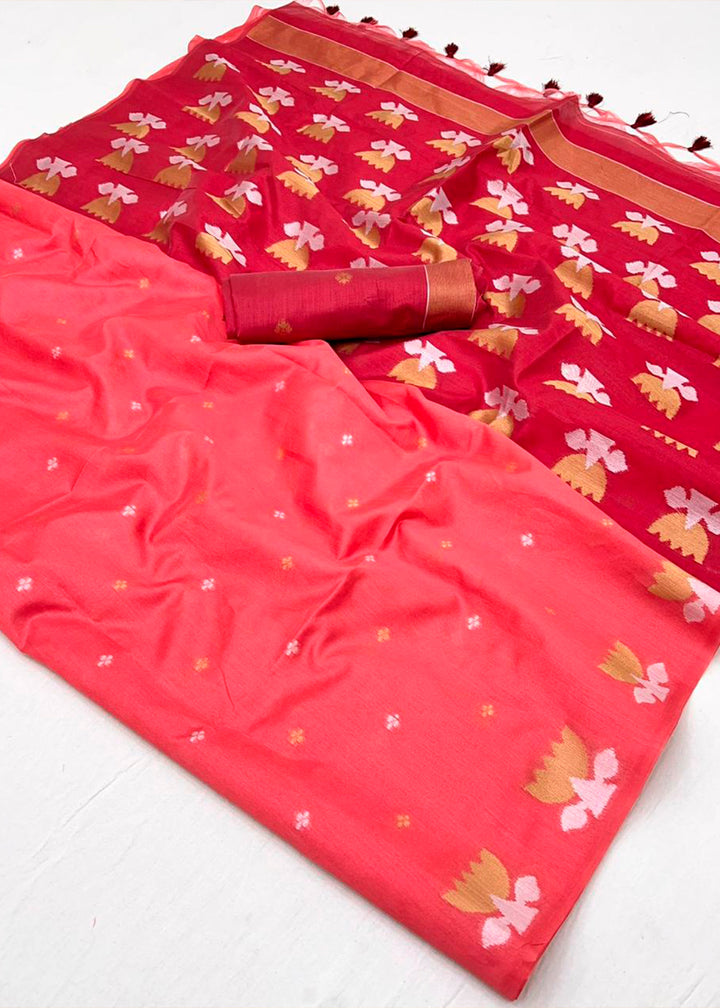 Dual Shade Pink Handloom Tussar Silk Saree with Lotus Motif Pallu