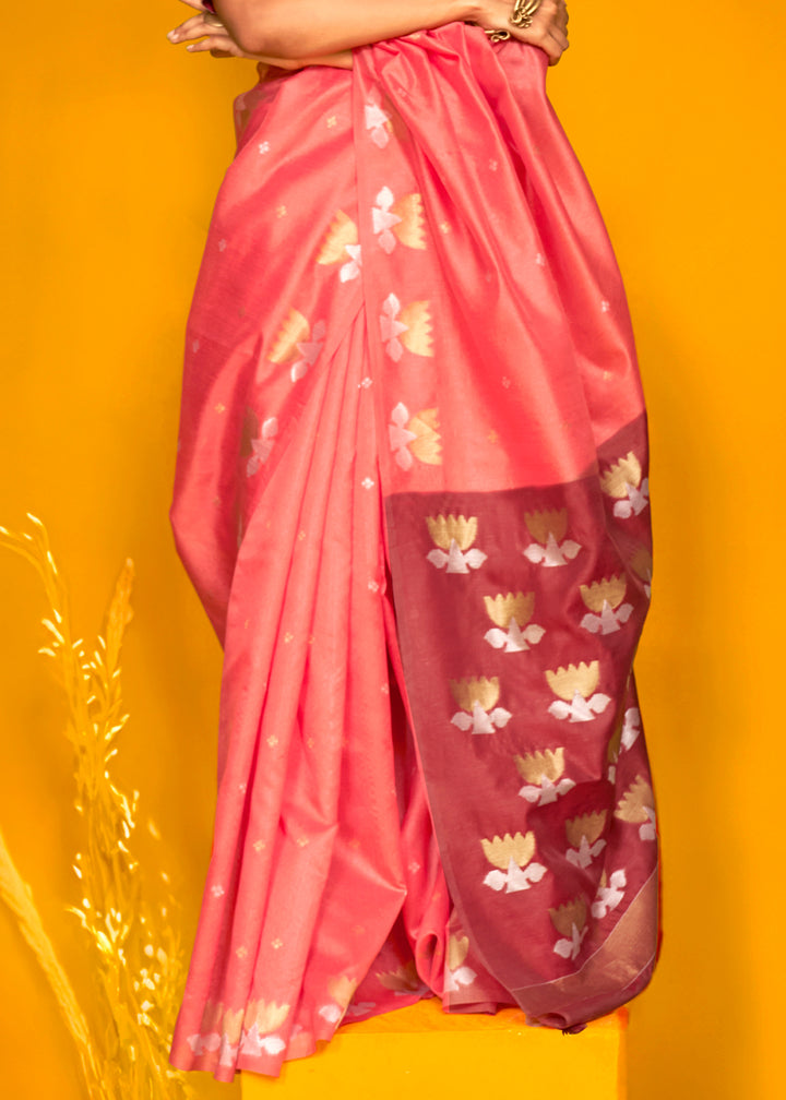 Dual Shade Pink Handloom Tussar Silk Saree with Lotus Motif Pallu