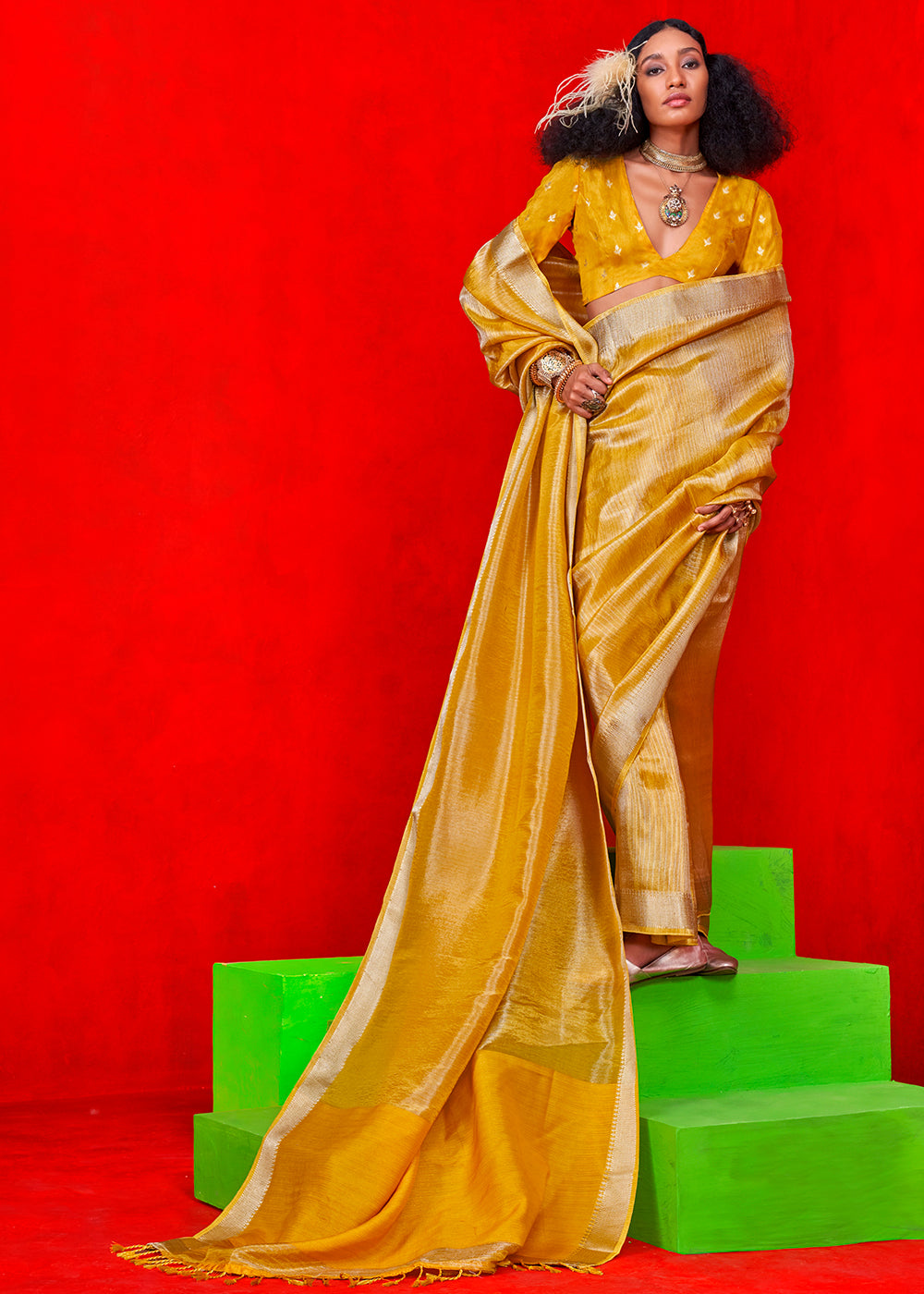 Dual Tone Yellow Saree in Viscose Tissue Silk with Intricate Zari Work