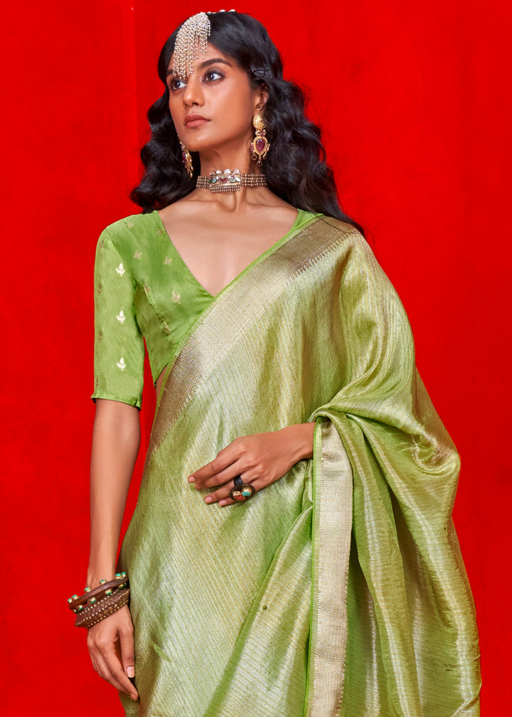 Dual Tone Green Saree in Viscose Tissue Silk with Intricate Zari Work