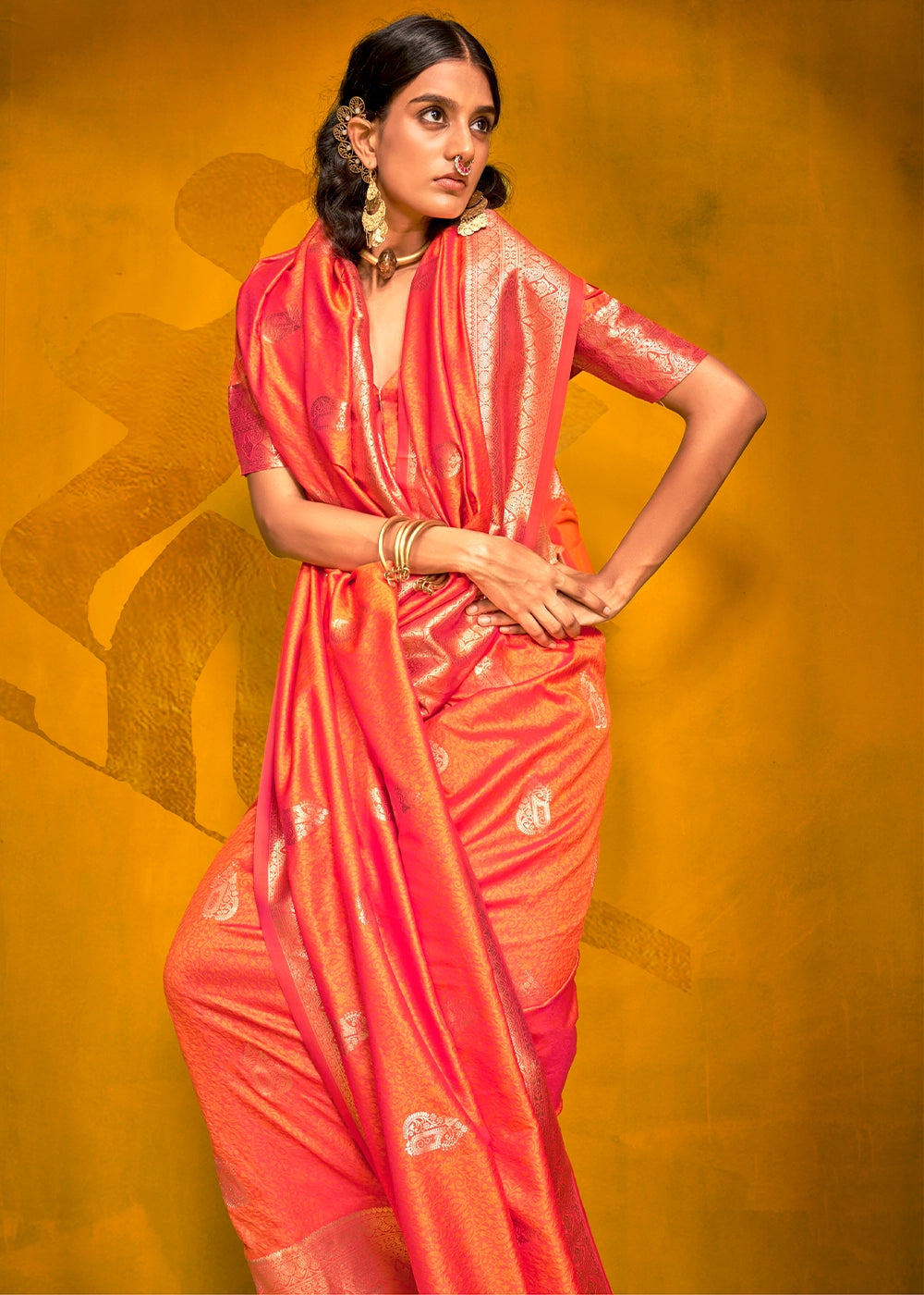 Orangish Pink Silk Saree Handwoven with Brocade Blouse