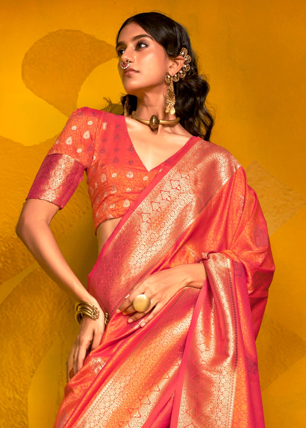 Orangish Pink Silk Saree Handwoven with Brocade Blouse