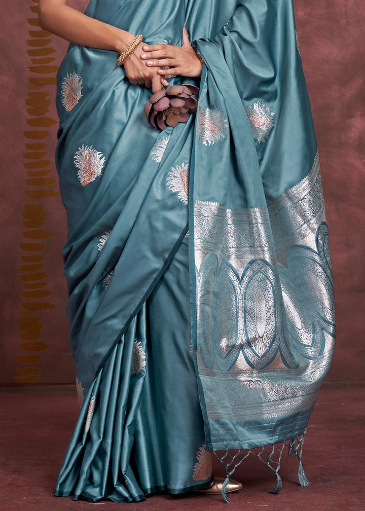 Celadon Blue Satin Silk Saree Handcrafted with a Lustrous Drape