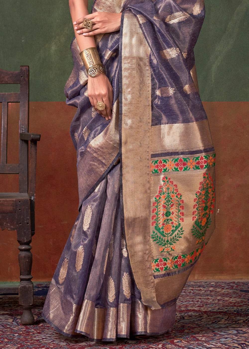 Ocean Blue Paithani Saree in Tissue Silk with Zari Work