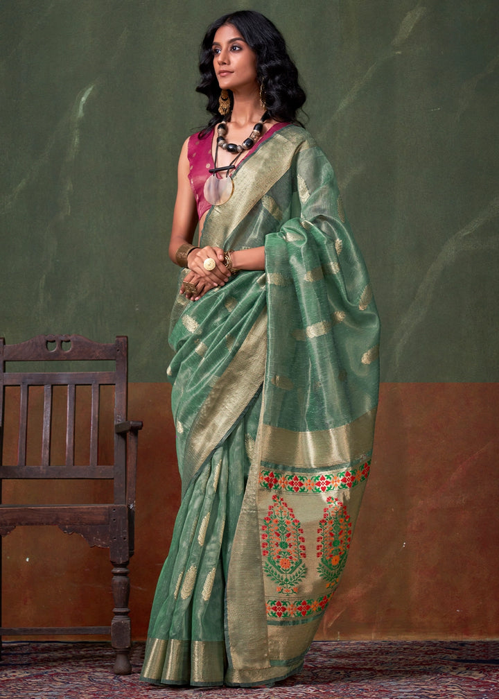 Bermuda Green Paithani Saree in Tissue Silk with Zari Work