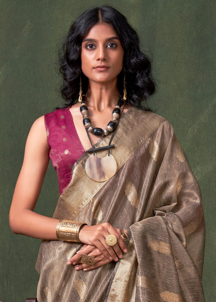 Greyish Brown Paithani Saree in Tissue Silk with Zari Work