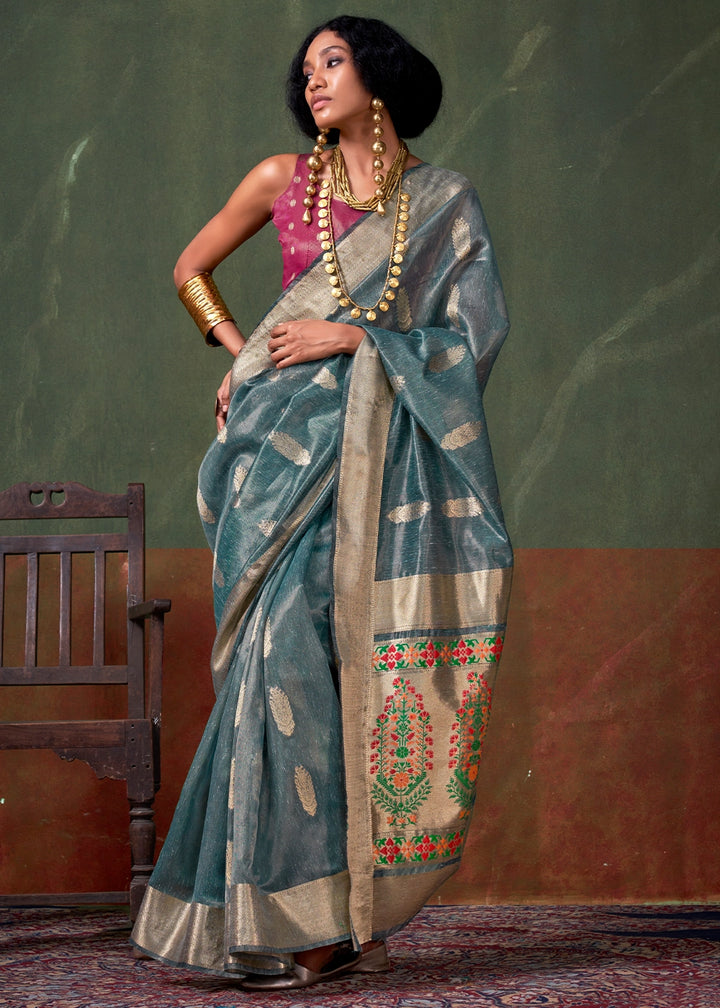 Deep Sea Blue Paithani Saree in Tissue Silk with Zari Work