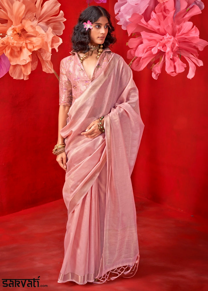 Flamingo Pink Tissue Silk Saree with Rich Zari Weave