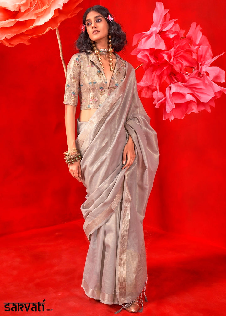 Lava Grey Tissue Silk Saree with Rich Zari Weave
