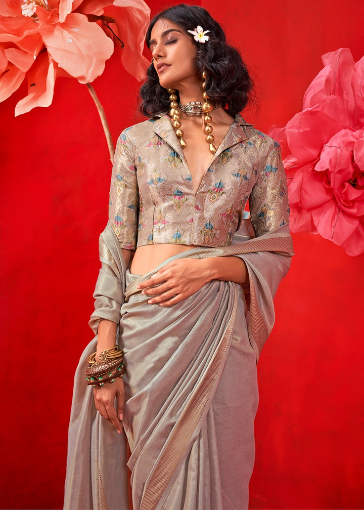 Lava Grey Tissue Silk Saree with Rich Zari Weave