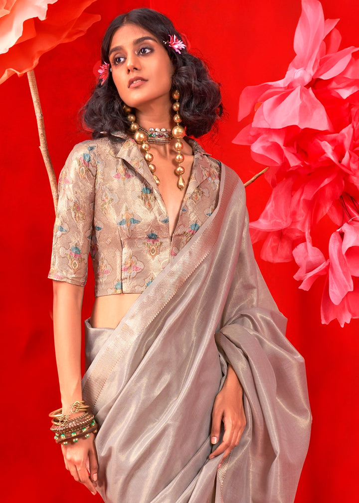 Lava Grey Tissue Silk Saree with Rich Zari Weave