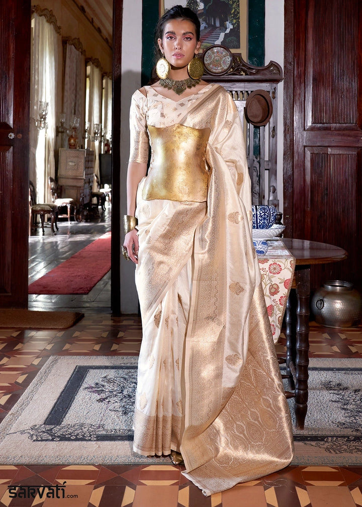 Cream White Silk Saree with Subtle Two-Tone Weave and Brocade Blouse