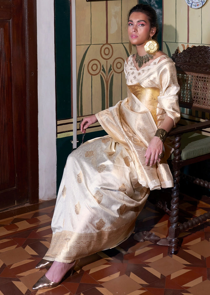 Cream White Silk Saree with Subtle Two-Tone Weave and Brocade Blouse