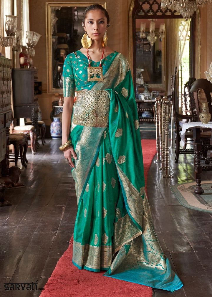Persian Green Silk Saree with Subtle Two-Tone Weave and Brocade Blouse