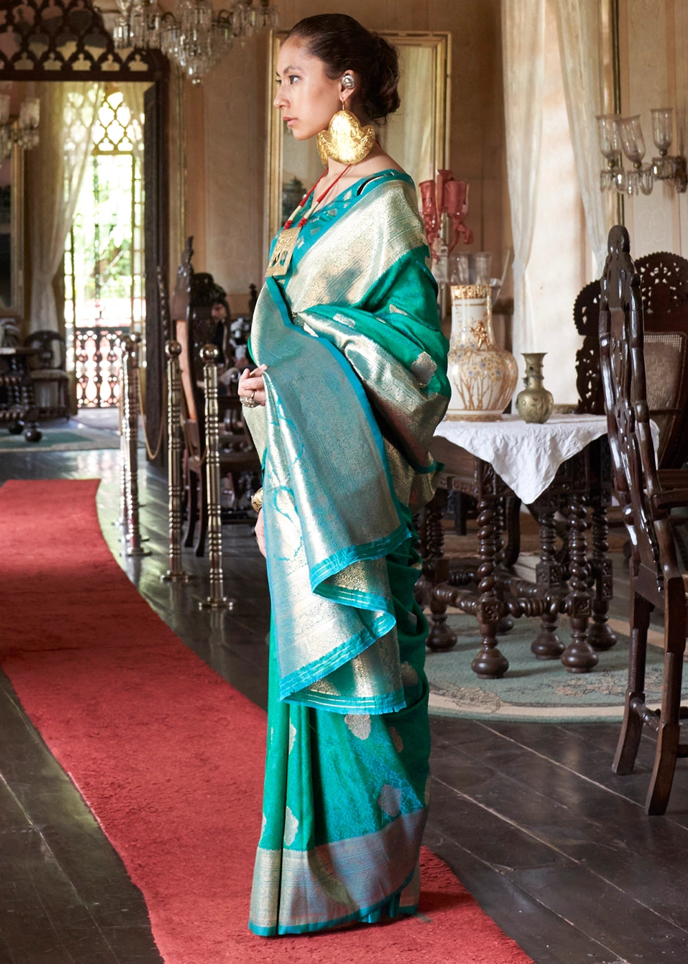 Persian Green Silk Saree with Subtle Two-Tone Weave and Brocade Blouse
