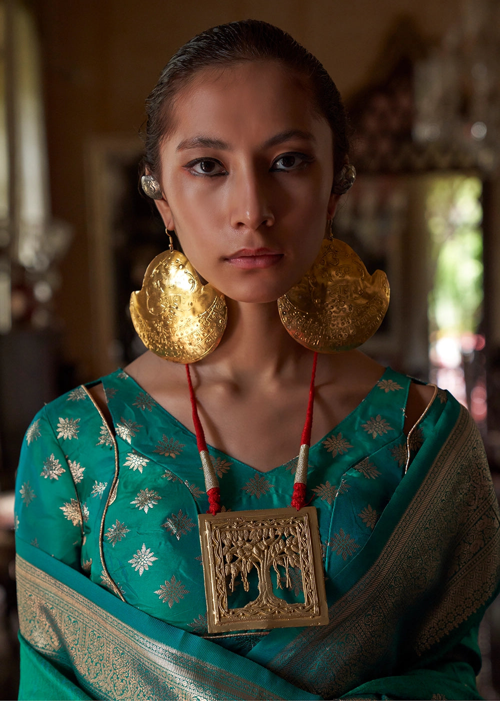 Persian Green Silk Saree with Subtle Two-Tone Weave and Brocade Blouse