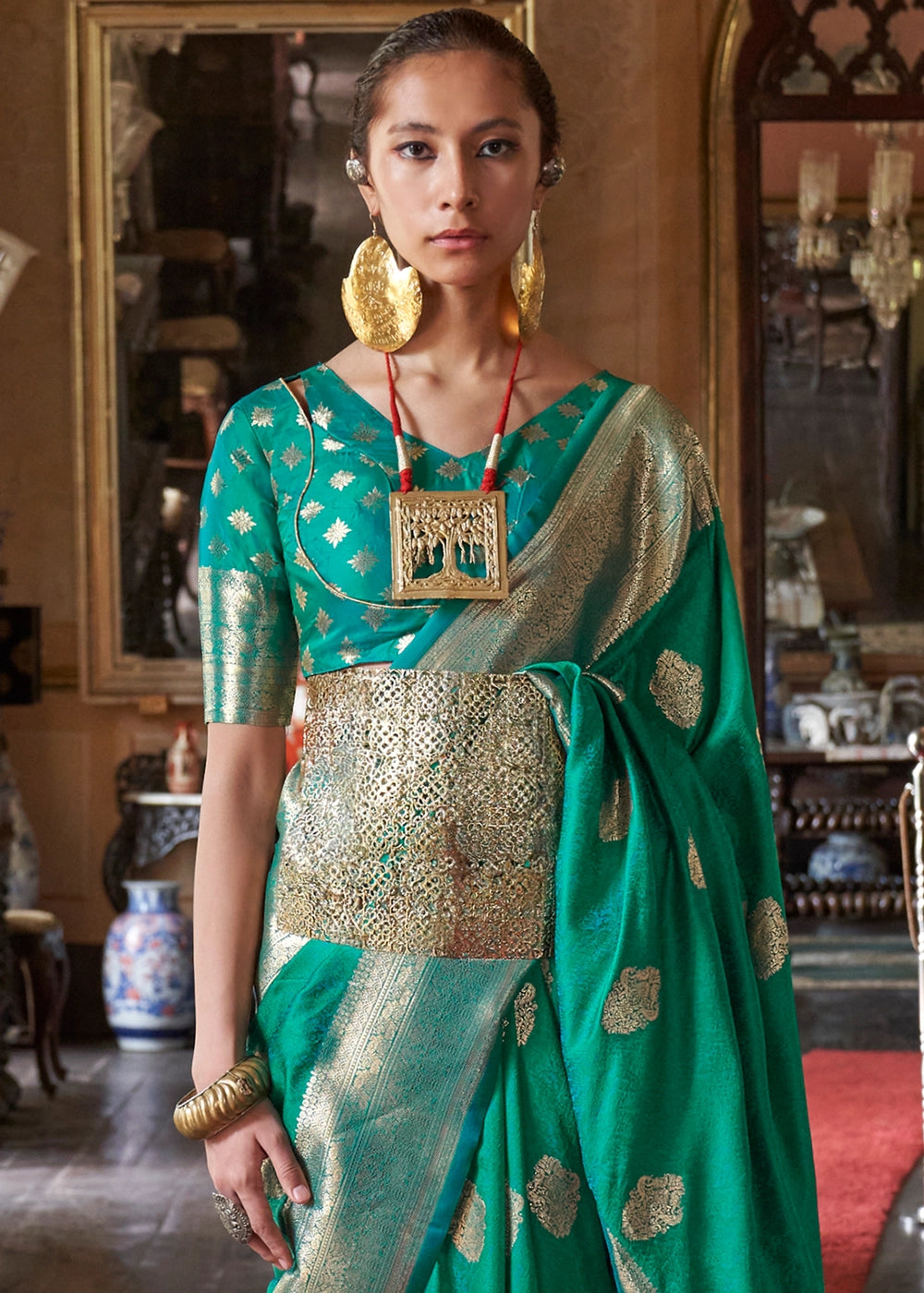 Persian Green Silk Saree with Subtle Two-Tone Weave and Brocade Blouse