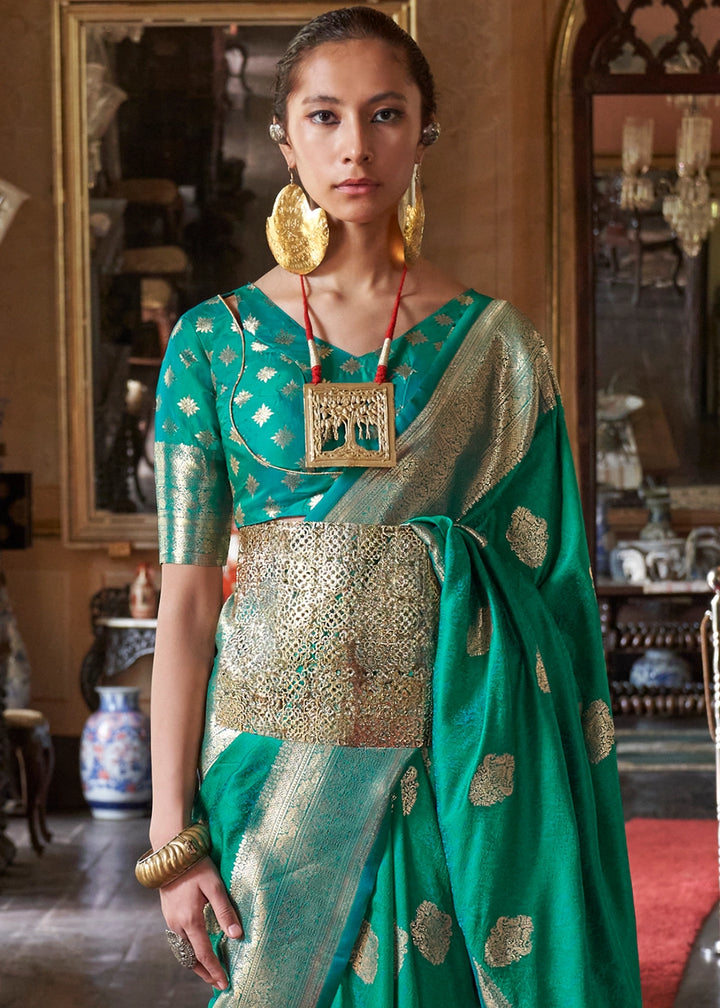 Persian Green Silk Saree with Subtle Two-Tone Weave and Brocade Blouse