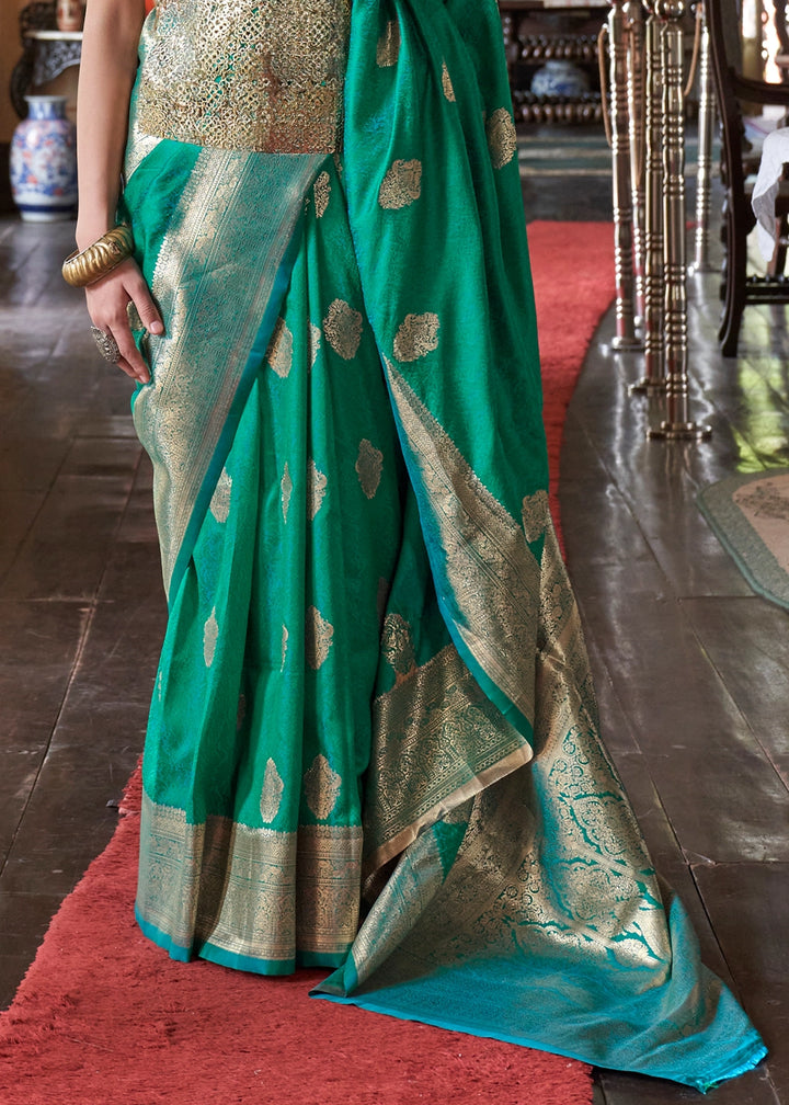 Persian Green Silk Saree with Subtle Two-Tone Weave and Brocade Blouse