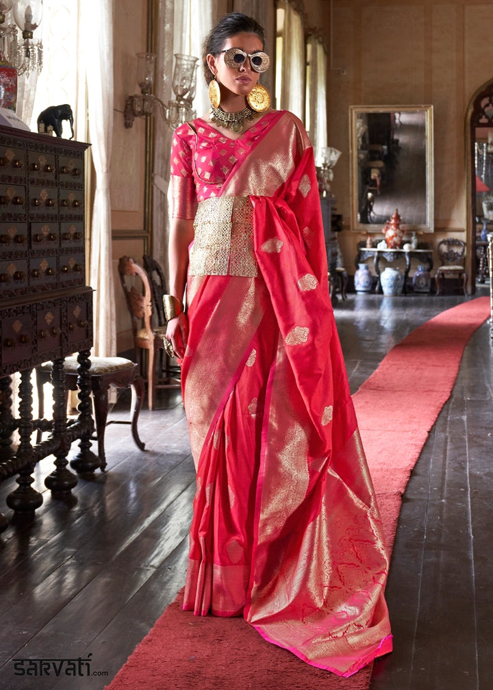 Reddish Pink Silk Saree with Subtle Two-Tone Weave and Brocade Blouse