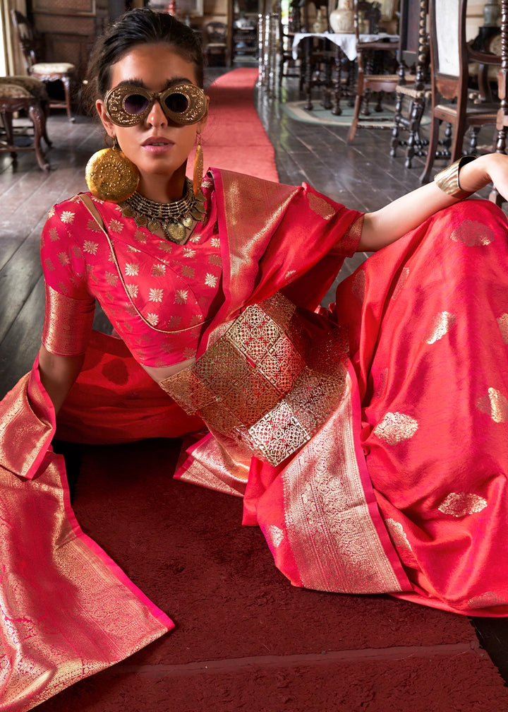 Reddish Pink Silk Saree with Subtle Two-Tone Weave and Brocade Blouse