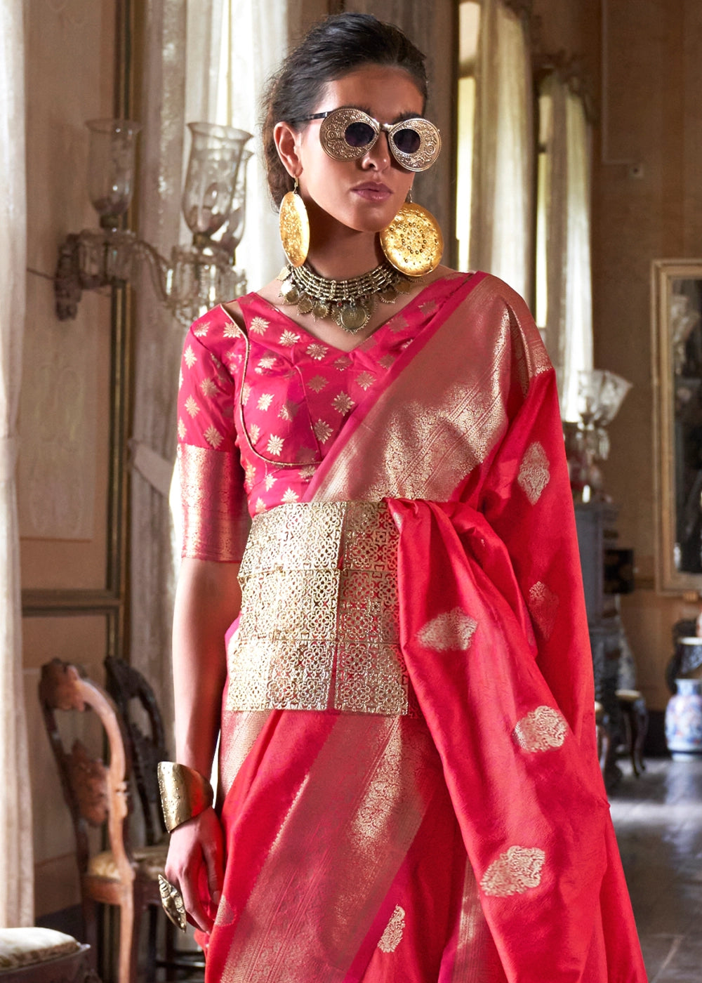 Reddish Pink Silk Saree with Subtle Two-Tone Weave and Brocade Blouse