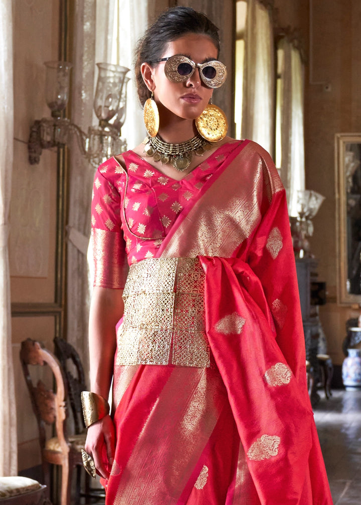 Reddish Pink Silk Saree with Subtle Two-Tone Weave and Brocade Blouse
