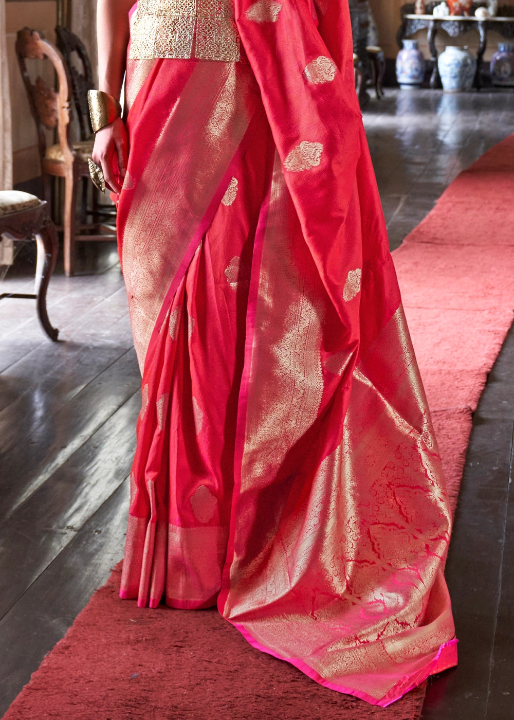 Reddish Pink Silk Saree with Subtle Two-Tone Weave and Brocade Blouse