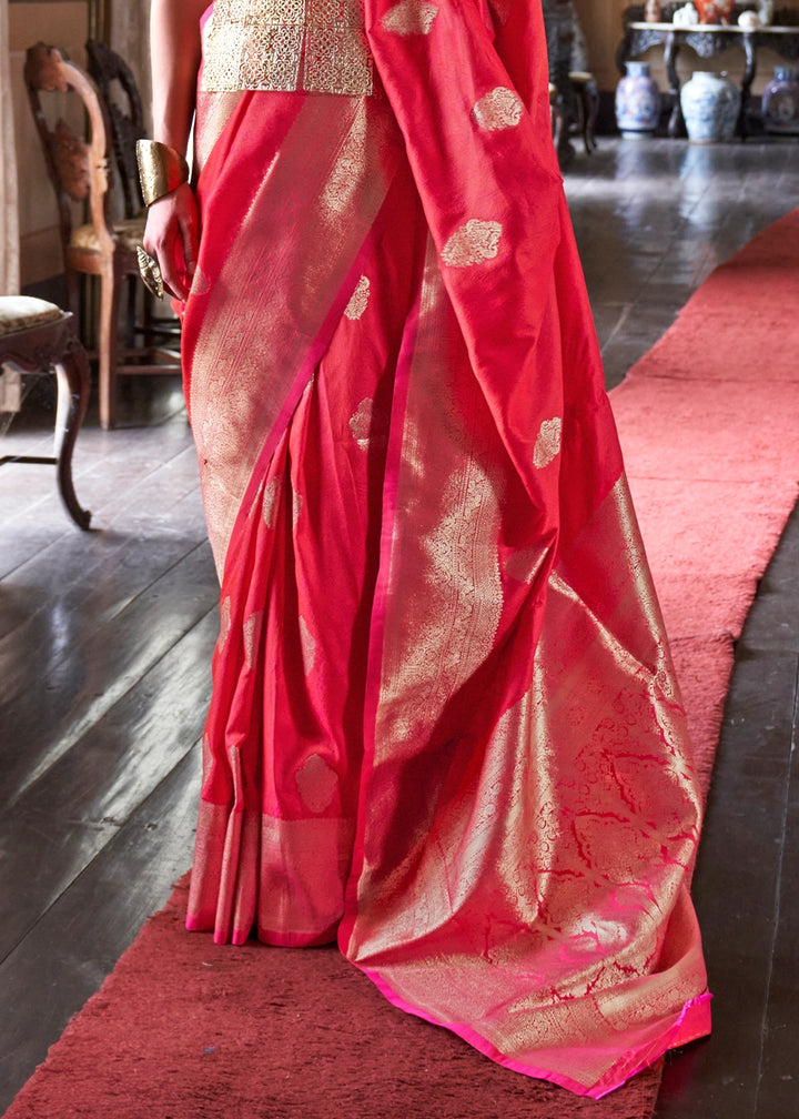 Reddish Pink Silk Saree with Subtle Two-Tone Weave and Brocade Blouse