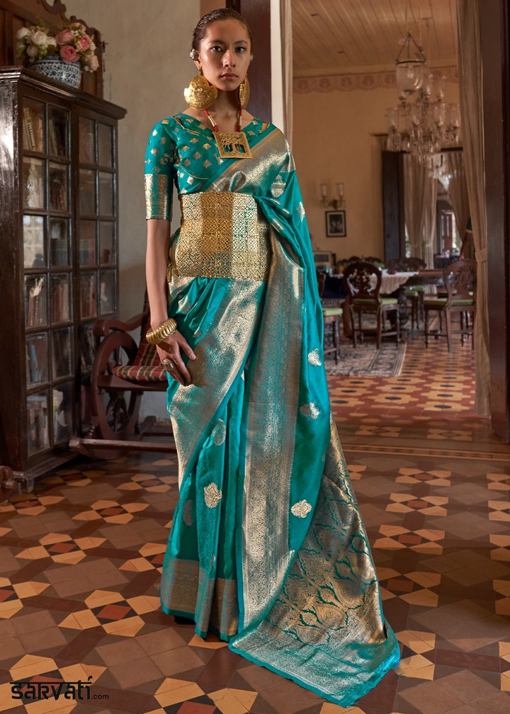 Cerulean Blue Silk Saree with Subtle Two-Tone Weave and Brocade Blouse