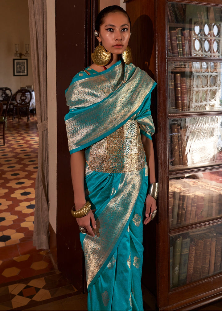 Cerulean Blue Silk Saree with Subtle Two-Tone Weave and Brocade Blouse