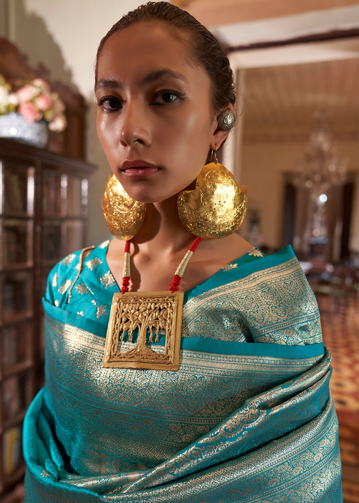 Cerulean Blue Silk Saree with Subtle Two-Tone Weave and Brocade Blouse