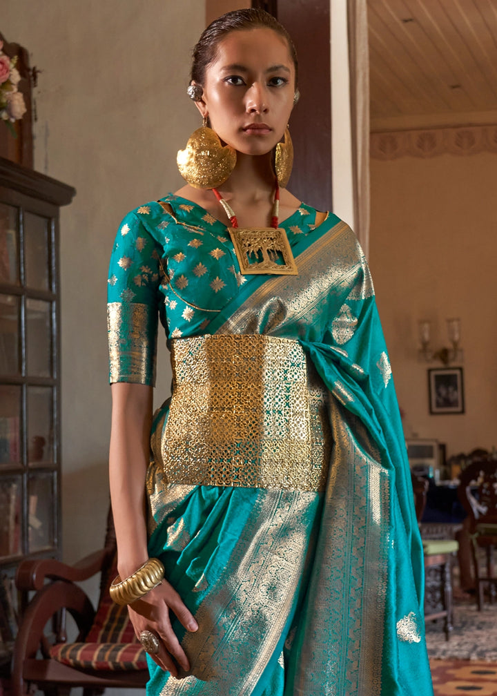 Cerulean Blue Silk Saree with Subtle Two-Tone Weave and Brocade Blouse