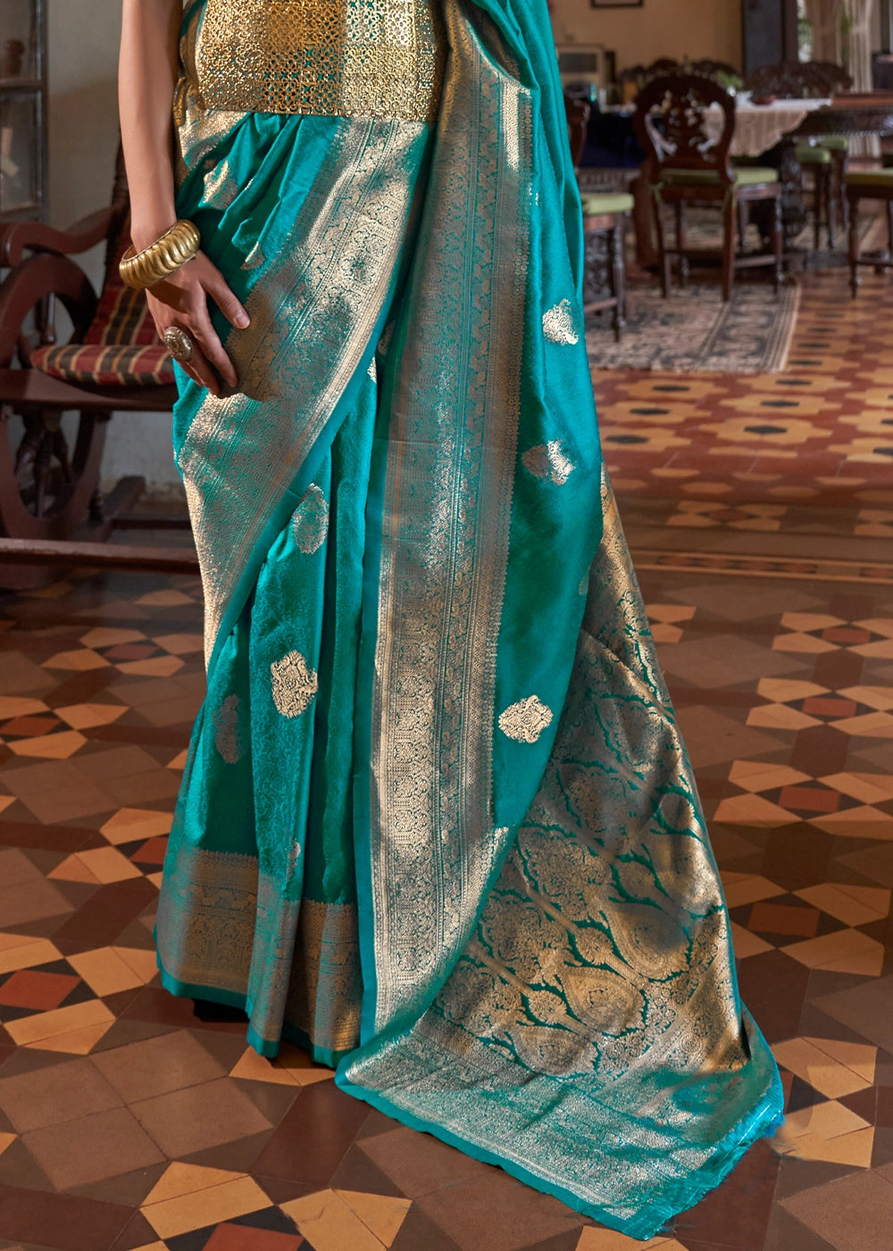 Cerulean Blue Silk Saree with Subtle Two-Tone Weave and Brocade Blouse