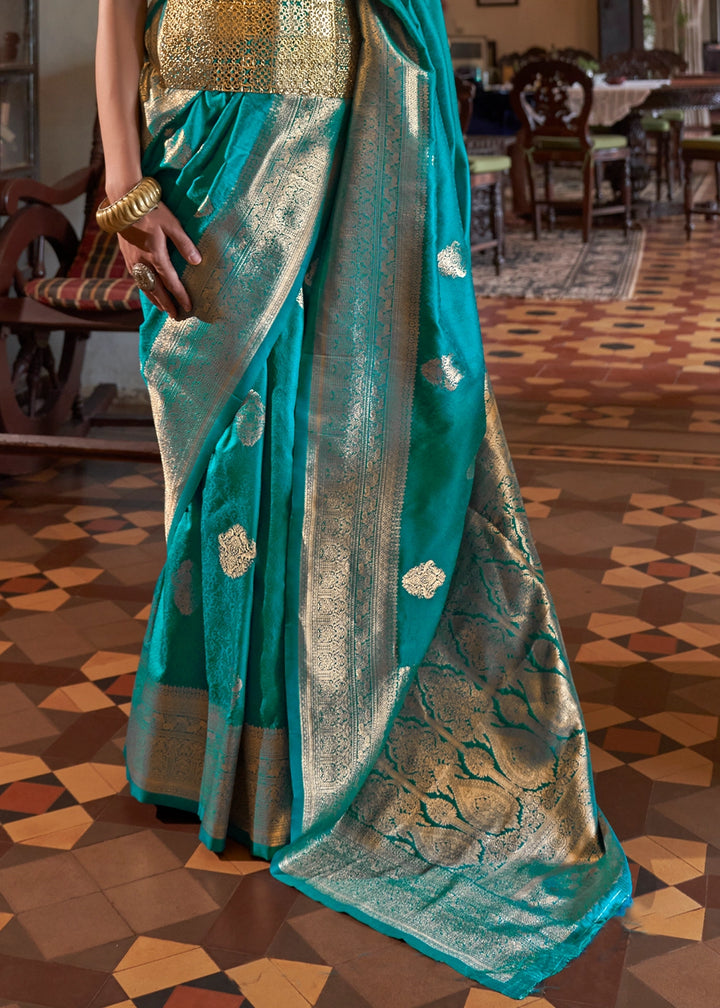 Cerulean Blue Silk Saree with Subtle Two-Tone Weave and Brocade Blouse