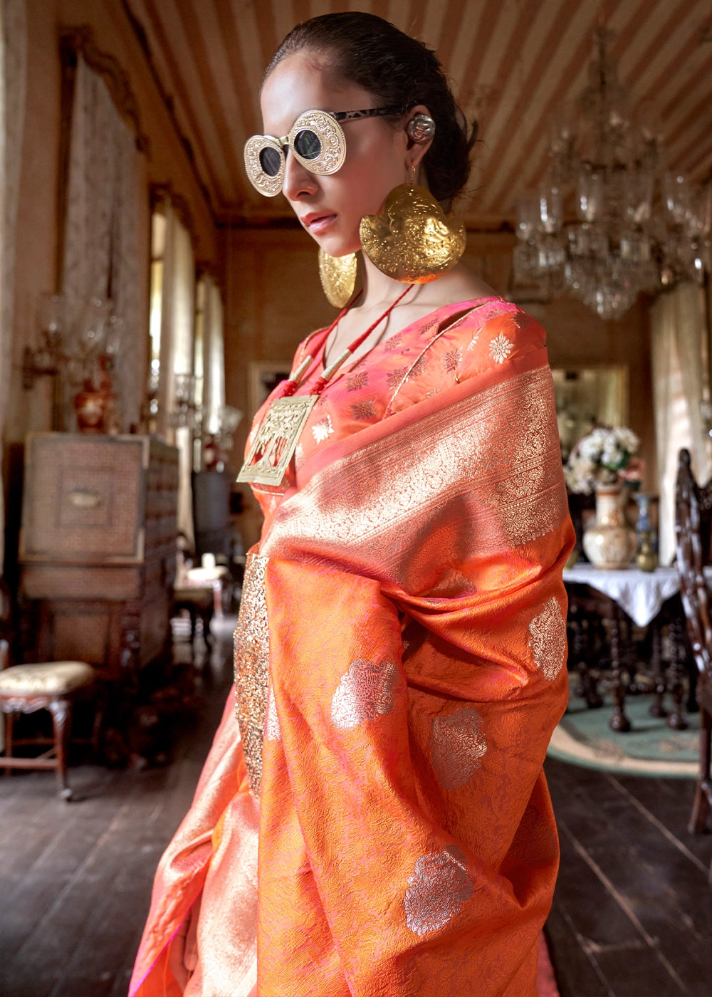 Lava Orange Silk Saree with Subtle Two-Tone Weave and Brocade Blouse