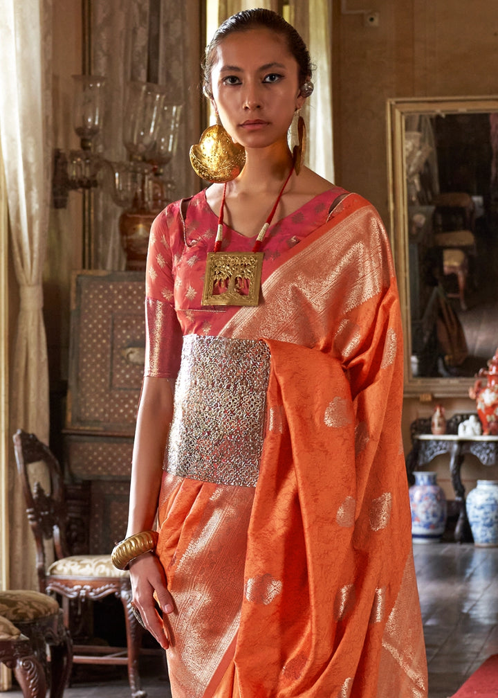 Lava Orange Silk Saree with Subtle Two-Tone Weave and Brocade Blouse