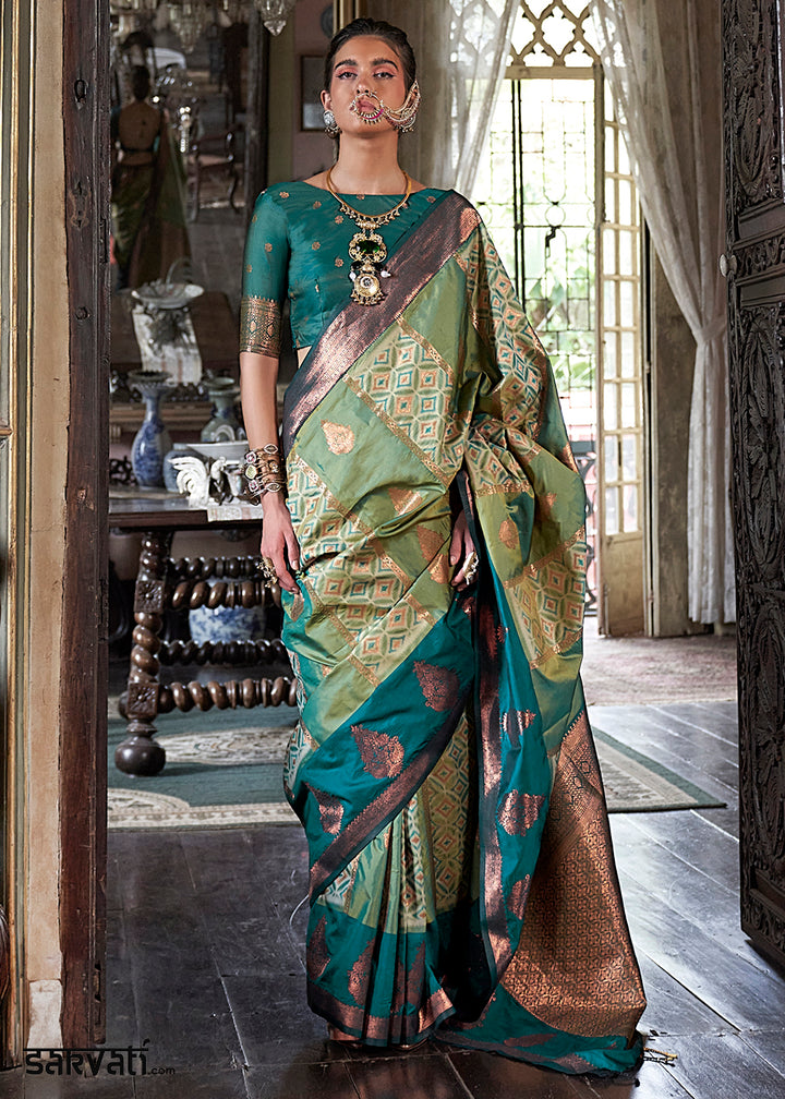 Pistachio Green Ikat Pochampally Handloom Silk Saree with Contrast Blouse