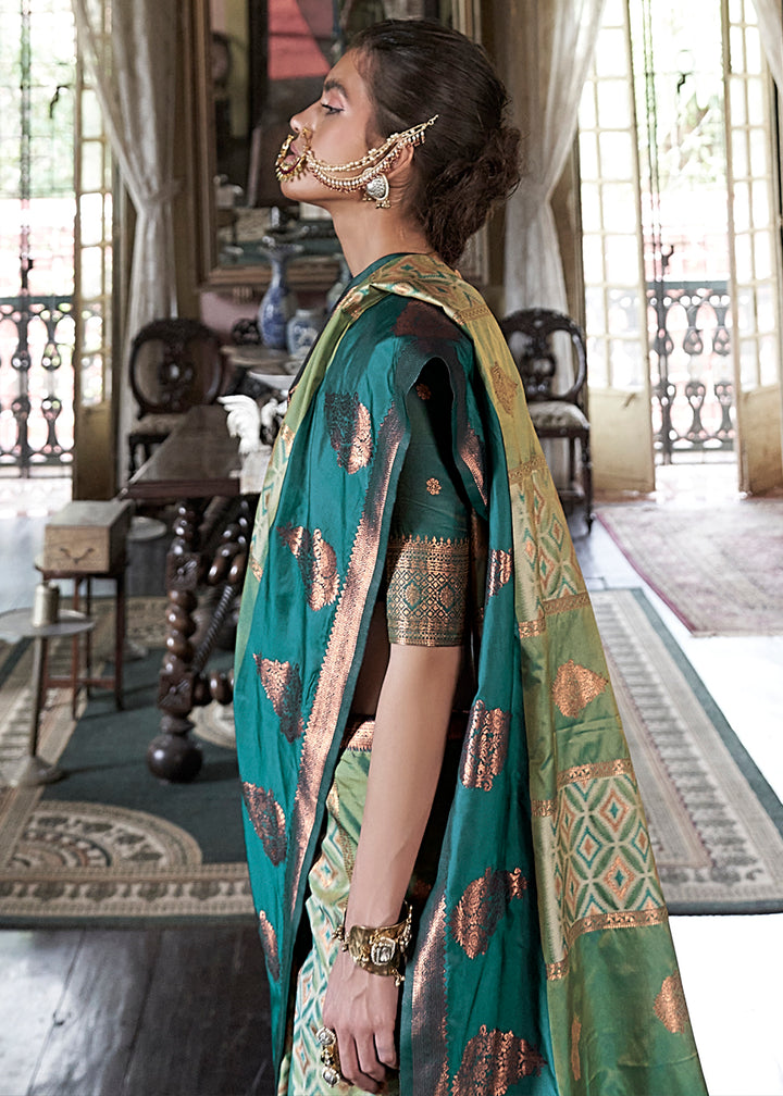 Pistachio Green Ikat Pochampally Handloom Silk Saree with Contrast Blouse